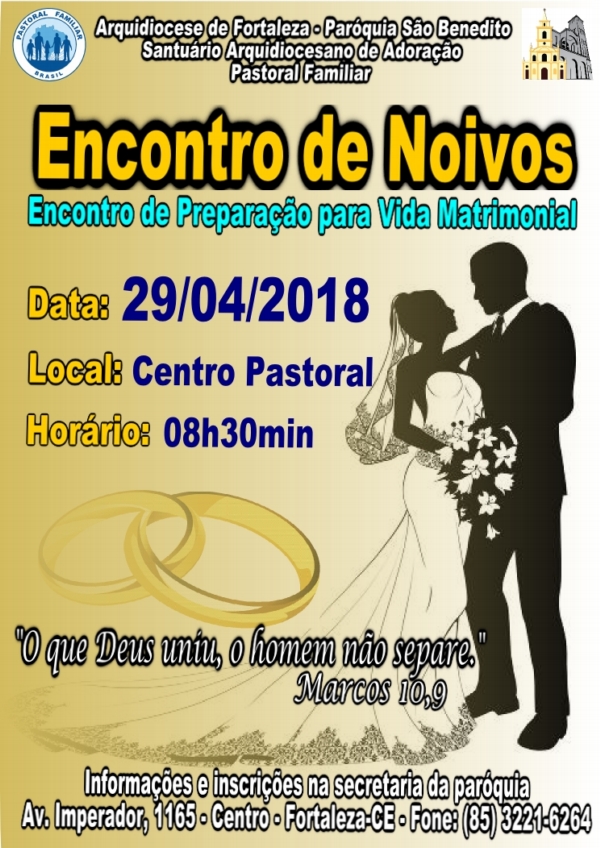 Inscrições abertas para Encontro de Noivos do dia 29/04 na Paróquia São Benedito