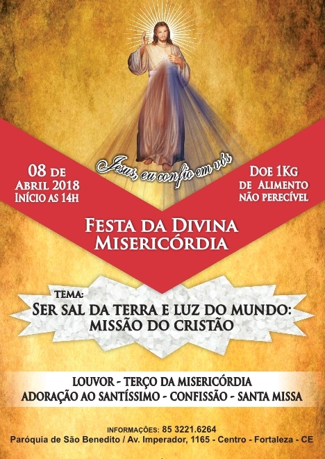 Festa da Divina Misericórdia 2018 neste domingo dia 08/04