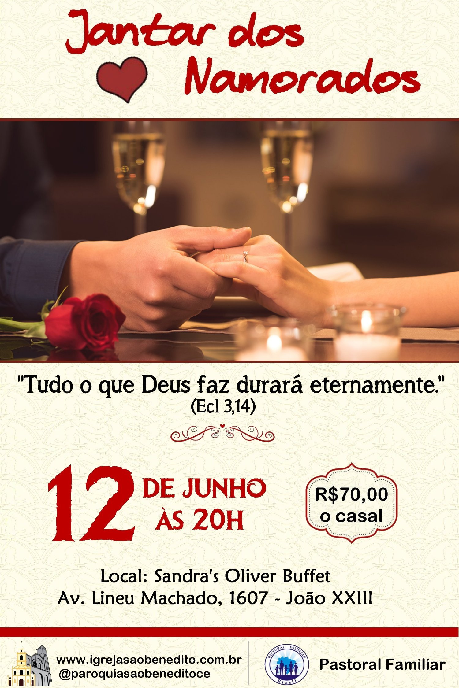 Pastoral Familiar promoverá Jantar dos Namorados dia 12/06