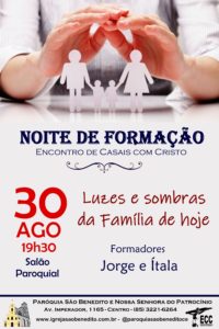 Ecc- Encontro de Casais com Cristo, convida para a Noite de Formação no próximo dia 30/08