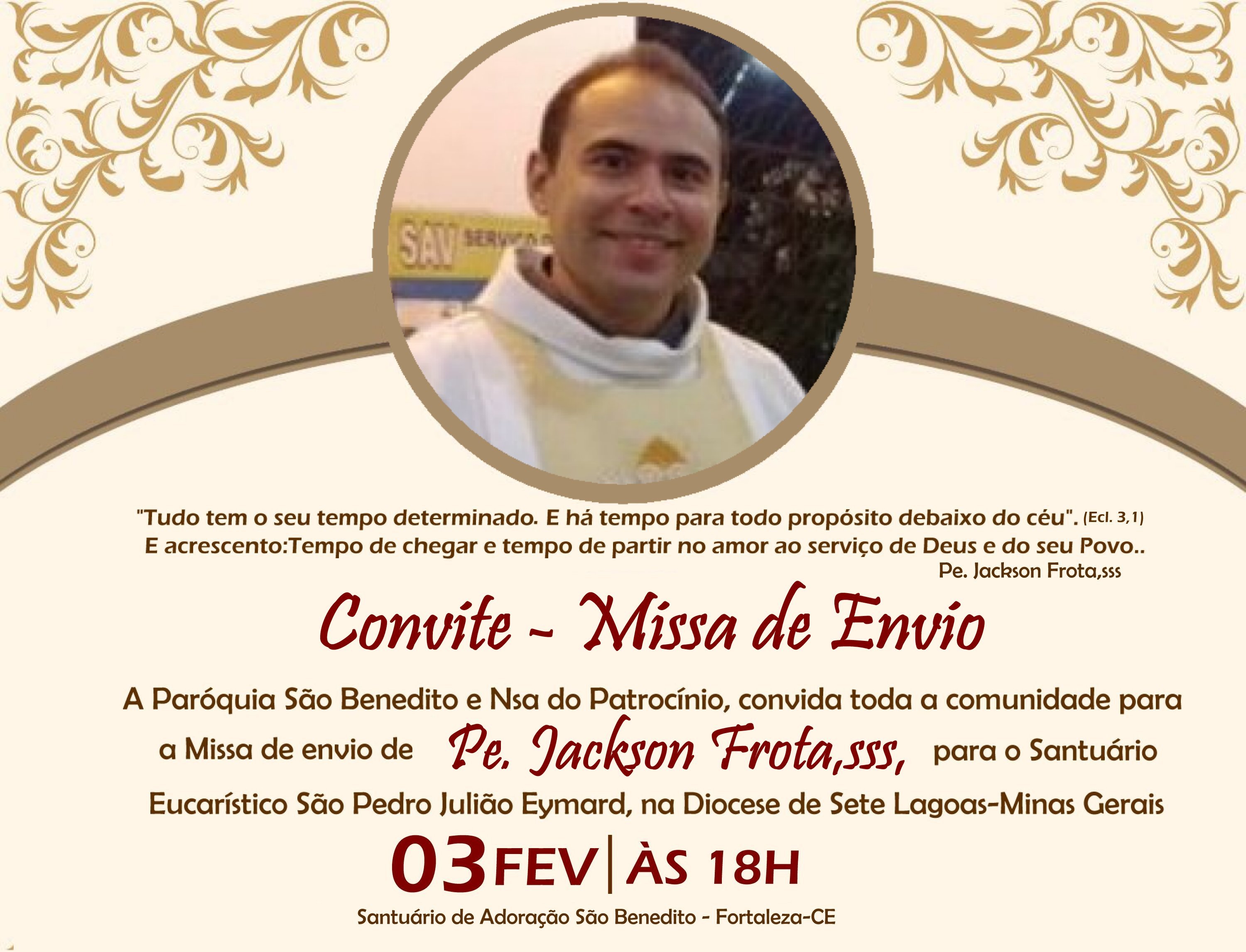 Convite para Missa de Envio de Pe. Jackson Frota, sss próximo dia 03/02