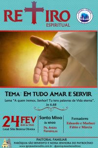 Retiro Espiritual da Pastoral Familiar no próximo dia 24/02