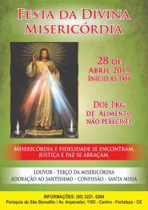 Festa da Divina Misericórdia 2019 dia 28/04 no Santuário e Paróquia de São Benedito