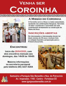 Inscrições abertas para novos coroinhas da Paróquia São Benedito