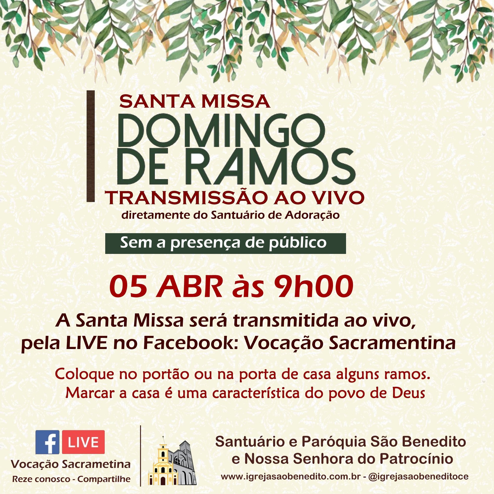 Celebração do Domingo de Ramos com transmissão ao vivo, sem a presença de público, dia 05/04. Participe!
