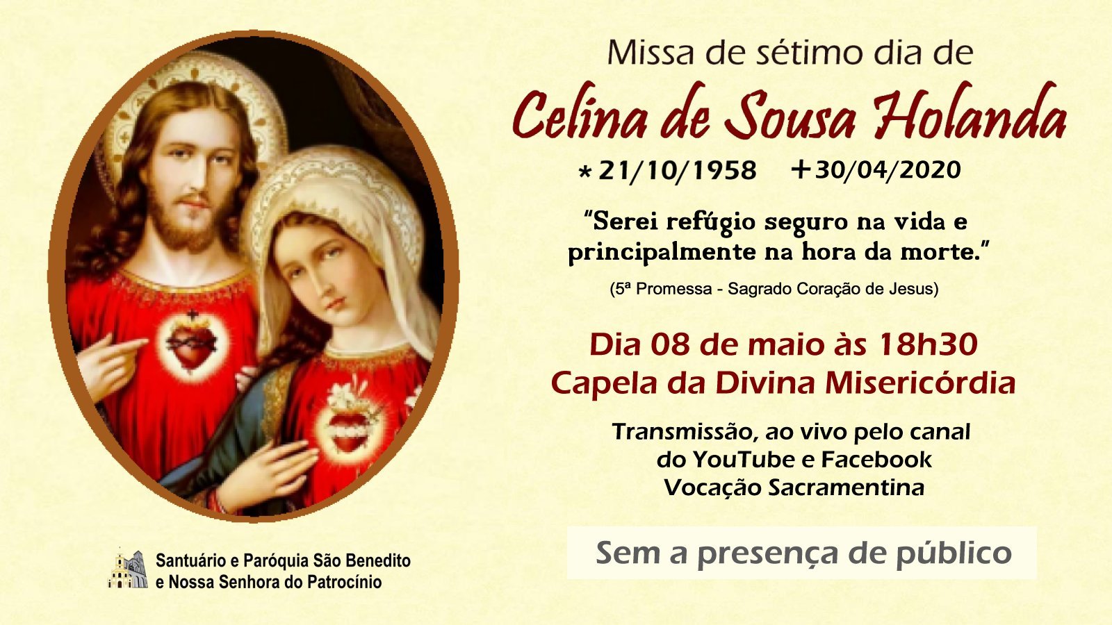Missa de 7º dia de Celina de Souza Holanda, será transmitida nesta sexta-feira, 08/05