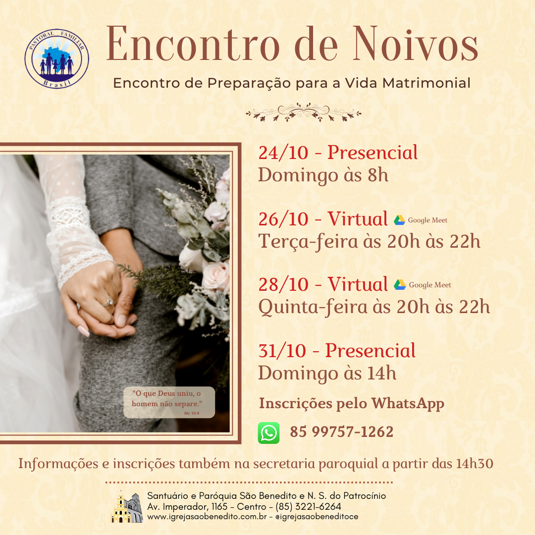 Inscrições abertas para o Encontro de Preparação para a Vida Matrimonial na Paróquia São Benedito.