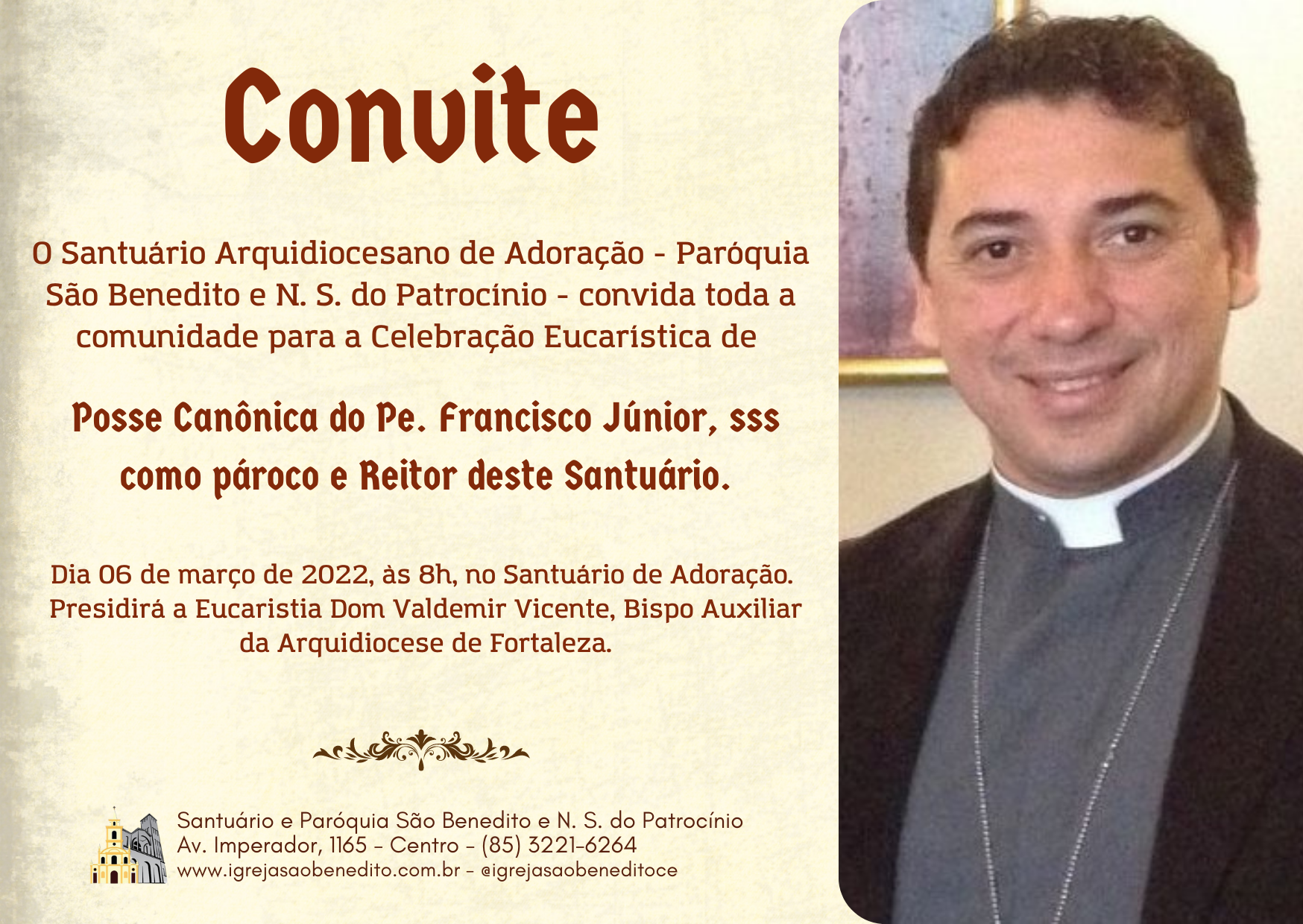 Missa de Posse Canônica do Pe. Francisco Júnior, sss como reitor e pároco do santuário no próximo dia 06/03